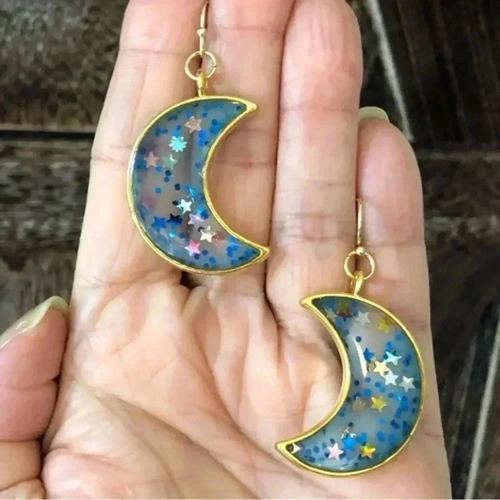 Moon Blue Stars Handmade Resin Glitter Gold Tone Earrings New NWT